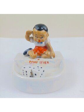 Vintage Japanese Ceramic Figurine Ashtray With Dice "Come Seven" Design 3" Tall